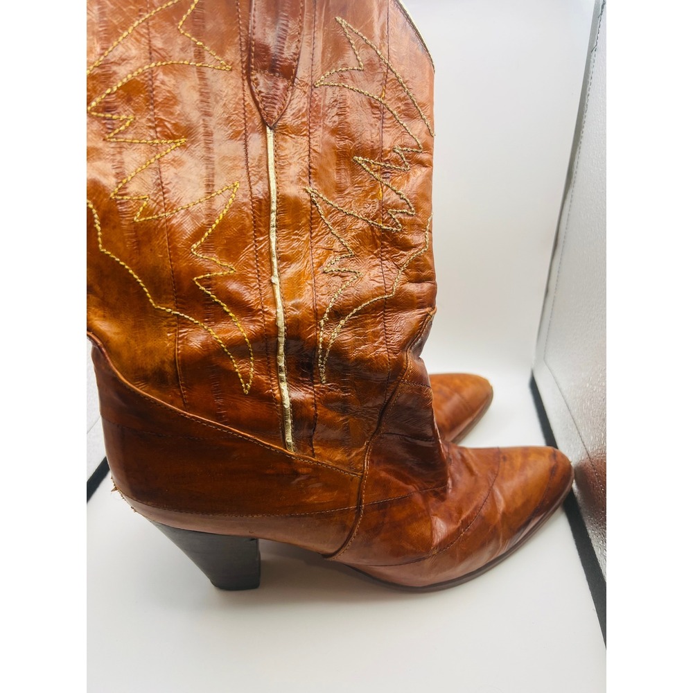 Sacha London Vintage Cognac Leather Western Cowboy Boots Made in Spain Heel 3.5" - Picture 5 of 10